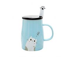 Cute Cat Mug Tazza da caffè in Ceramica con Cucchiaio in Acciaio Inox Kitty, Hi ~ Tazza da caffè novità Regalo per Gli Amanti dei Gatti Rosa (Blu)