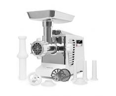 Klarstein Kraftprotz - Tritacarne Elettrico, 700 W, Potenza Bloccaggio: 1800 W, Motore in Rame, 2 Velocità e Inversione, Vaschetta in Alluminio, Lama in Acciaio Inox, 3 Dischi Forati, Bianco/Argento