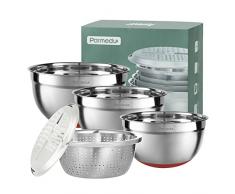 Parmedu Set Ciotole Multifunzione 5 in 1 100% Acciaio Inossidabile 304, 3 Insalatiere Profonde 4L/3L/2,5L con Segni di Scala e Base in Silicone Antiscivolo, Scolapasta e Grattugia, Modello CK001
