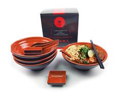 BALIBETOV Ciotole Giapponesi per Ramen Set - Include 4 Ciotola Ramen in Melamina, Bacchette, Cucchiai e Piccolo Piatti Giapponesi per Salsa - Ideale per Zuppe Asiatica o Pho (Rosso, 4)
