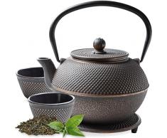 Tealøv TEIERA GHISA SET – Set Completo Teiera in Ghisa con Infusore, 2 Tazze et Sottoteiera – Interno completamente smaltato - Design Elegante in Stile Giapponese (ARARE 1,1 LITRO SET, Nero/Rame)