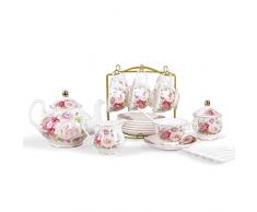 fanquare Set da Tè Europeo in Porcellana da 21 Pezzi, Servizio da Caffè in Ceramica Rosa, Servizio da Tè per Matrimonio, Tè Pomeridiano e Caffè