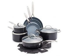GreenPan Valencia Pro Set di pentole e padelle in ceramica dura anodizzata antiaderente da 11 pezzi, Comprese padelle, per sauté, casseruole,senza PFAS,induzione,lavabile in lavastoviglie,forno,grigio