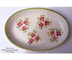 Piatto Ovale Ceramica Realizzato e Dipinto a mano Le Ceramiche del Castello Nina Palomba Made in Italy Dimensioni 26,5 x 17,5 centimetri Garantito per Alimenti Idea Bomboniera (Fiori Rosa)