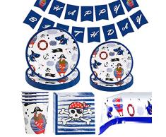 Formemory Set di 66 pezzi di stoviglie pirate blu decorazione oceano con piatti di carta, bicchieri, tovaglioli, tovaglia, segnaposto per festa di Tema Pirate