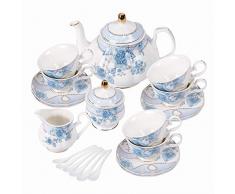 fanquare Set da tè in Porcellana con Fiori Blu, Set Tazza da tè e Piattino, Servizio da tè da Sei, Nozze Teiera Zuccheriera Crema Brocca, Servizio da caffè in Cina