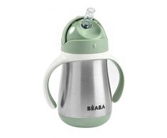 BÉABA, Biberon/Tazza di Apprendimento 2 in 1, Tazza con cannuccia per Bambini, 100% a Tenuta, Salvagoccia, Facile da aprire, Manici Removibili, Inox, 250 ml, Verde salvia