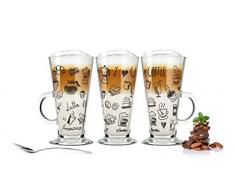 Sendez 6 Bicchieri per Latte Macchiato e 6 cucchiaini in acciaio inox (gratis) Bicchieri tè con Nera caffè di stampa