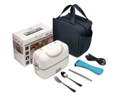 Hommdiy 200W Scaldavivande Elettrico Portatile 1.2L, Portavivande Elettrico Termico 220V in Acciaio Inox 304, Riscaldamento a Vapore Portapranzo Lunch Box Termico con Posate, Bianco per Ufficio