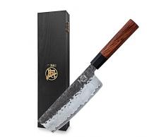 MITSUMOTO SAKARI Coltello Giapponese Forgiato Mano, 18 cm Coltello Cucina Nakiri, Coltelli da Cucina Professionali in Acciaio ad Alto Carbonio (Manico in Palissandro e Confezione Regalo)