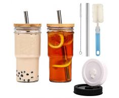 DOBIGER 2 Pezzi Vaso de Cerveza con Tapa y Pajita, 650ml Bicchiere con Cannuccia Adulti, Bicchieri con Coperchio in Bambù e Cannuccia per Cocktail, Frappè, Succhi, Frullati, Birre