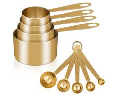 Cuteefun Set di 9 Misurino e Cucchiaio Dosatore, Manico In Acciaio Inox con Misure Metriche e Statunitensi, Misurini Cucina per Ingredienti Secchi e Liquidi per Cucina, Forno, Bevande (Oro)