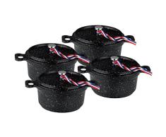 Kamberg 0008199 Set di 4 Mini Cocotte, Diametro 12 cm Rotonde Nere, Fusione di Alluminio, Rivestimento Effetto Pietra, Compatibile con Tutti i Piani Cottura, Incluso Quello a Induzione, Senza PFOA