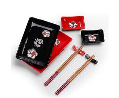 Panbado Set per Sushi Servizio di Sushi in Porcellana di Stile Giapponese Kit per 2 Persone con 2 Piatti da Sushi 2 Piatti da Salsa 2 Paia di Bacchette 2 Poggiabacchette Colore di Nero e Rosso