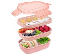 Bugucat Lunch Box 1900ML Bento Box con 5 Scomparti e Posate Portapranzo con Posate per Microonde e Lavastoviglie 2 Strati Contenitore per Alimenti Impilabile Porta Pranzo per Adulti e Bambini (Rosa)