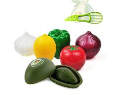 Set di 6 pellicole protettive per verdure, avocado, cipolla, pepe, aglio, limone, pomodoro, riutilizzabile in plastica dura con guarnizione stretta, più affettatrice/taglierina per avocado