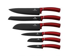 BerlingerHaus Burgundy Set 6 Coltelli da Cucina Professionali, Lama Acciaio Inossidabile, Rivestimento Antiaderente, Coltello da Cuoco, Pane, Santoku, Manico Ergonomico, Design Metallic Line(BH-2542)