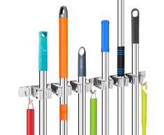 Hejo 304 Portascopa da Parete in Acciaio Inox, Porta Scope Parete Resistente con 6 Rack 3 Ganci per Bagno, Cucina, Garage, Organizer per Attrezzi da Giardino, Porta Scope e Gancio Scopa Muro (Grigio)