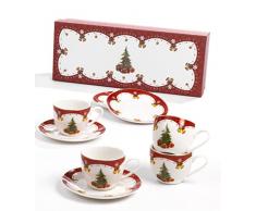 PABEN Set Servizio caffè Natalizio 4 Tazzine con Piattini Decorazione Albero di Natale 11.5 cm in Porcellana Nàvel con Scatola Regalo