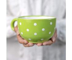 City to Cottage® Tazza Extra-Large da 500ml | Ciotola con Manico per Brodo, Zuppa, Cappuccino, Caffè Americano e Tè | Realizzata e Dipinta a Mano | Fantasia a Pois Verde Lime e Bianco | Idea Regalo