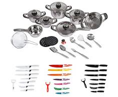 A.M.C. Set batteria di pentole di tegami induzione, tradizionale 23 pz in acciaio inox 18/10 omaggio set coltelli in ceramica antibatterici da 8 pz, set mestoli a corredo fondo 7 strati termodiffuso