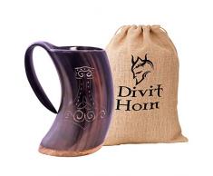 Boccale Vichingo in Corno Autentico Divit | Boccale con Coperchio per Birra Autentico e Medievale | capienza di 700 ml (24 oz) | Boccale in Corno della Migliore qualità (Mjolnir, Polished)
