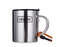 HEECN HESS-038 - Tazza da campeggio per bevande calde con coperchio e moschettone, tazza da caffè, tazza isolante, a doppia parete in acciaio inox, 330 ml con coperchio sigillato)