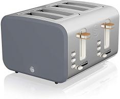 Swan Nordic Tostapane a fessura larga 4 fette, 3 funzioni, 6 livelli di tostatura, design moderno in acciaio inox, maniglia effetto legno, grigio opaco