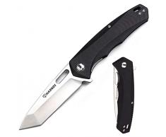 HARNDS Pollux Coltello Pieghevole, Lama in Acciaio Giapponese Aus-8, Manico in G10, Clip a 2 Posizioni per Caccia, Sopravvivenza (Nero)