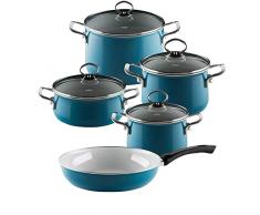 Riess, 0558-010, set di stoviglie da 5 pezzi, NOUVELLE, AQUAMARIN EXTRA STRONG, composto da: Pentola per carne con coperchio di vetro 16, 20, 24 cm, Casseruola con coperchio di vetro20 cm, Padella smaltata 28 cm