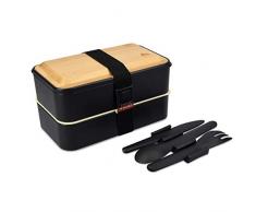 Navaris Bento Box Porta Pranzo - Lunch Box 2x Scomparti Posate e Coperchio in Bambù - Portapranzo Riscaldabile Ufficio Scuola Bambini Adulti - Nero