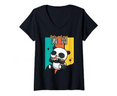 Donna Kawaii Carino I love Sushi Panda mangiare bacchette Nigirizushi Maglietta con Collo a V