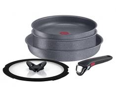 Lagostina Ingenio Mineralis Eco Set Padelle Antiaderenti in Alluminio 100% Riciclato con Fondo Indeformabile, 5 Pezzi, 2 Padelle Ø 24 e 28 cm, Tegame, Coperchio in Vetro e Manico Removibile