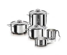 Aeternum Divina Batteria 8 Pezzi in acciaio inox 18/10, 1 Bollilatte, 3 Casseruole (14, 16, 20 cm), 1 Pentola 18 Cm, 3 Coperchi (16, 18, 20 cm), Tutti pezzi adatti a Induzione, Acciaio