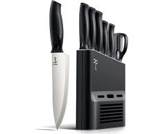 Set Coltelli da Cucina Professionali con Blocco Coltelli, Collezione di Coltello Chef per Pane, Carne, Verdure e Frutta, Acciaio Inox, Prova di Calore, 7 Pezzi, Argentato