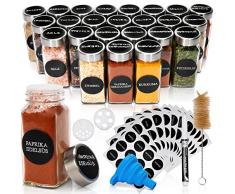 Deco haus Set da 24 Contenitori per Spezie con Tappo a Vite - Kit per Condimenti con Etichette, Imbuto, Spazzola, Pennarello - Barattoli Portaspezie Piccoli in Vetro Trasparente da 120ml, 10,5x4,3 cm