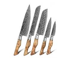 HEZHEN 5PC Coltelli Da Cucina Set-Durevole, Acciaio Damasco trattato termicamente sottovuoto- Coltello da cuoco in acciaio giapponese ad alto tenore di carbonio -Pacchetto regalo in porcellana