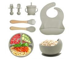 Set Pappa per Bambino, 8 Pezzi Senza BPA Set Pappa Antiscivolo, Silicone Set Pappa Svezzamento Bambini, Set da Tavola con Ventosa Piatto Ciotola Tazza Bavaglino 2 Cucchiaio e 2 Forchetta (Grigio-1)