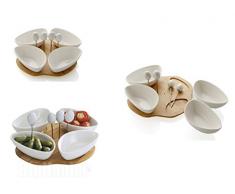 BRANDANI STORE UFFICIALE ANTIPASTIERA SPICCHIO DI LUNA BIANCA PORCELLANA 4 PZ SUPPORTO BAMBOO 55322