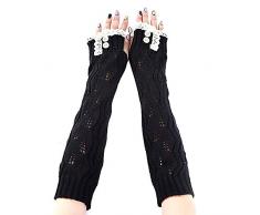 Stofirst Autunno Inverno Moda Caldo Mezze Dita Lungo Guanti Donna Ragazza Lavorato a Maglia Bordo in Pizzo Fogliame Modello Crochet Treccia Muffole Polso Braccio Scaldapiatti(Nero)