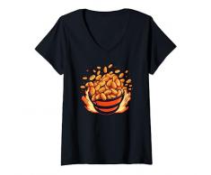 Divertente ciotola di noci ardenti con fiamme Maglietta con Collo a V