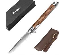 Poktlife Coltello Pieghevole,Coltellino tascabile con incisione floreale decorativa retrò in metallo manico in legno, Miglior Coltello da Trekking da Pesca da Caccia da Campeggio (Marrone chiaro)