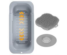 KOSHIFU Colino Lavello Cucina Estensibile 34,5 – 47,5 cm Scolapasta da Lavello Plastica Allungabile Colino Lavandino Cucina per Drenare o Lavare Verdure Frutta - Grigio