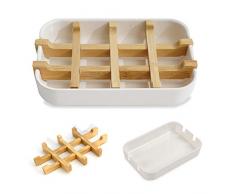 MOLEDA Porta Sapone in Bambu, Portasapone Solido per Bagno Cucina Doccia Ristorante, Bamboo Soap Holder Soap Saver Dish Box per Shower, Naturale Legno Ecologico Scatola Porta Sapone Mani (Bianco)
