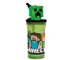 P:OS 33198 – Bicchiere per bambini con cannuccia e coperchio, con personaggio 3D in design Minecraft da 360 ml, in plastica to-go, senza BPA e ftalati
