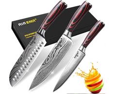 Set Coltelli | 8 da chef | 7 Coltello giapponese Santoku | 5 Coltello multiuso | Acciaio ad alto tenore di carbonio ultra affilato | con impugnatura ergonomica