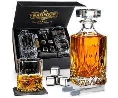 Whisiskey - Decanter per Whisky - Classic - 800ML - Regalo Uomo - Caraffa Whiskey - Regali Compleanno - Set include 2 Bicchieri in vetro, Sottobicchieri, 4 Cubetti di Ghiaccio Riutilizzaibili