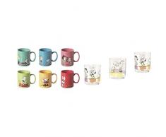 Excelsa Peanuts Set 6 Tazze Mug, Ceramica, Multicolore, capacità: 350 ml, 6 unità & Peanuts Confezione 3 Bicchieri cl 25, 8x8x9 cm, 3 unità