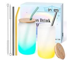 wibest 2 Pezzi Set Bicchieri Acqua Vetro Colorati,Cola Bicchieri con Cannuccia e Coperchio usando per Cocktail,Perle di Frutta,Boba Bubble Tea,Frappe al Caffè Coppia Set Tazza Vetro Moderni