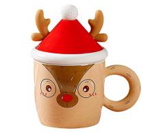 Baogao Tazze da caffè con renna | 380 ml tazze da tè in ceramica di Natale con coperchio | tazze da caffè per coppie di San Valentino, tazze da tè antiscivolo per bambini e bambini